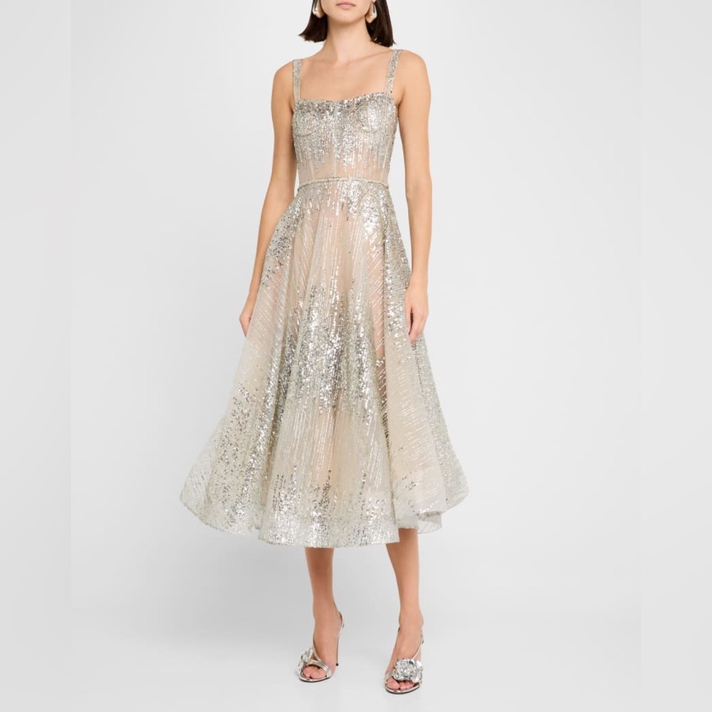 Bronx and Banco Silver Sequin A-Line Midi Prom Dress